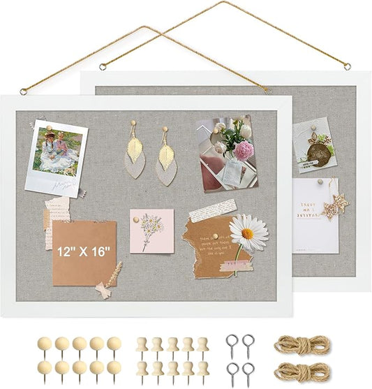 2-Pack Double-Sided Cork Board with Linen, 16" x 12" Hanging Wood Framed Bulletin Board, Picture Display Vision Board Kit Corkboards for Wall School Office Decor, 20 Pushpins (Vintage White)