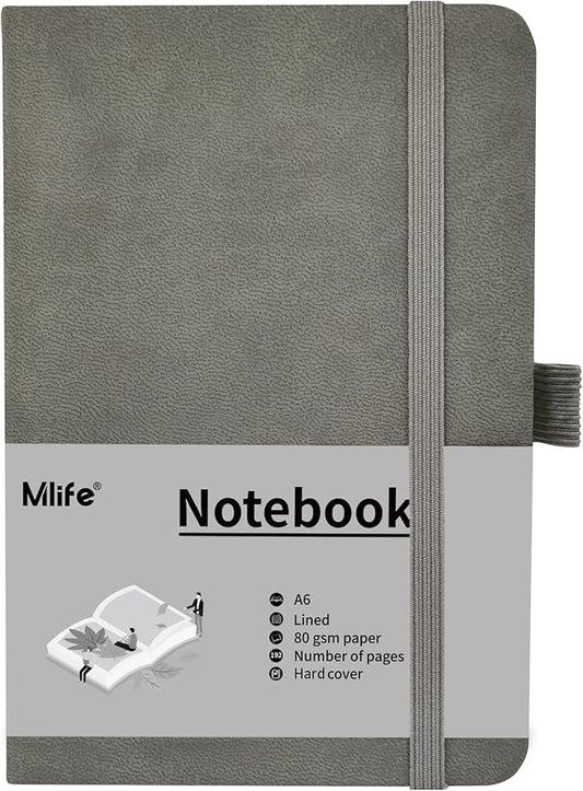 A6 Small Journal Notebook, Lined Pocket Notebook with Pen Holder, Mini Notebook Hardcover, 192 Pages, 3.9 inches * 5.5 inches Jurnal for Women and Man (Grey)