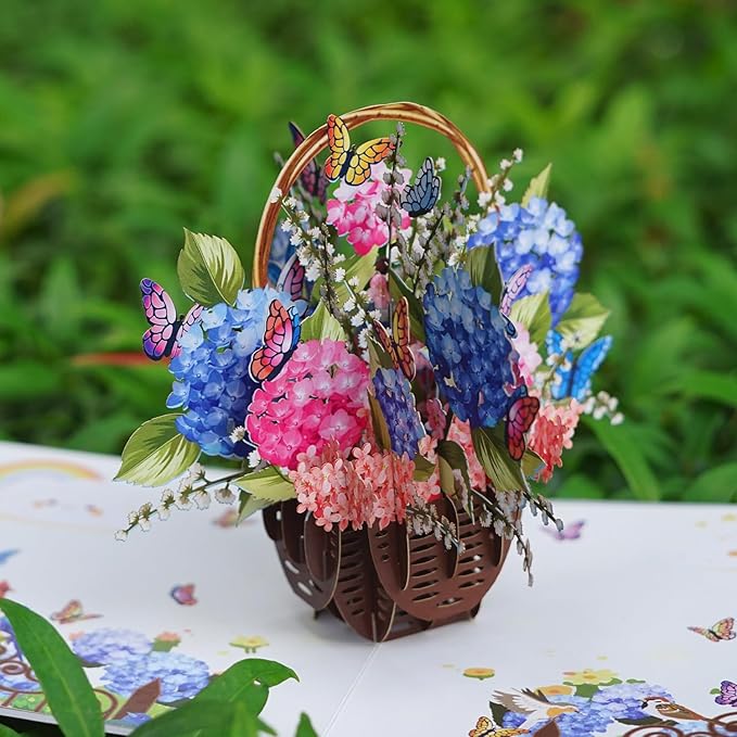 Hydrangea Basket Pop Up Card - Thank You, Birthday, Thinking of You, Get Well, Valentine's Day, and Mother's Day Greeting Cards for Women, Girlfriend, Mother, Sister, Grandmother