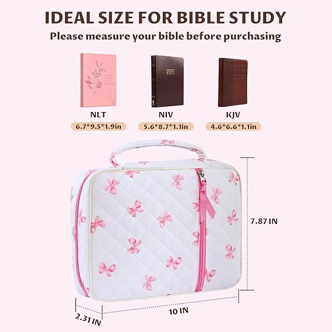 shirabags Quilted Bible Cover Case for Women - Elegant Cotton Bible Bag for Study, Church, Christian Gifts for Women (Cute Pink Bow, M)