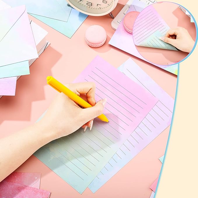 TaoBary 160 Packs Stationery Paper Set (50 Double Sided Stationery Writing Papers 50 Matching Envelopes) 60 Round Dot Sticker, 10 Design(Watercolor,5.5 x 8.25 Inch)