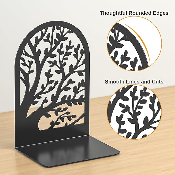 VFINE Bookends 3 Pairs, Decorative Book End, Bookends for Shelves, Book Ends for Shelves, Book Stopper Book Ends to Hold Books, Book Stopper, Unique Black Metal Tree Book Ends for Home School Office