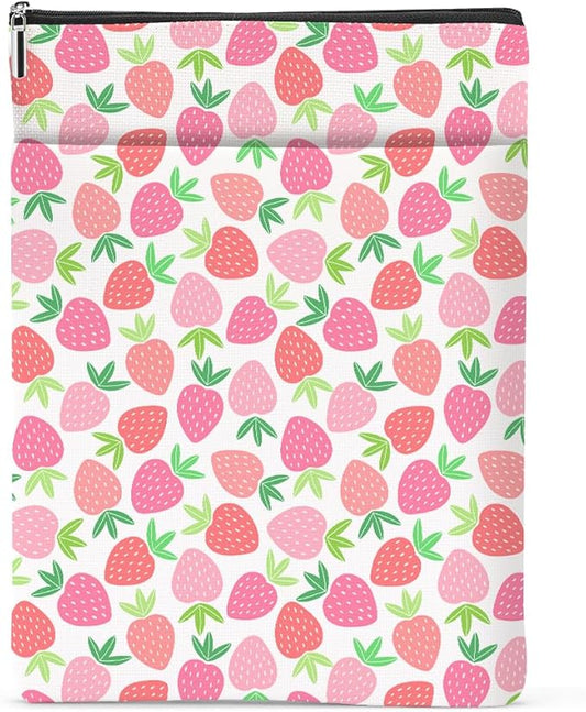 Strawberry Pattern Book Lovers Gifts Waterproof Book Sleeve Book Pouch Book Protector with Zipper and Front Pocket BookCover Case for Women Girl Sister Bestie Book Accessories Book Club Gifts