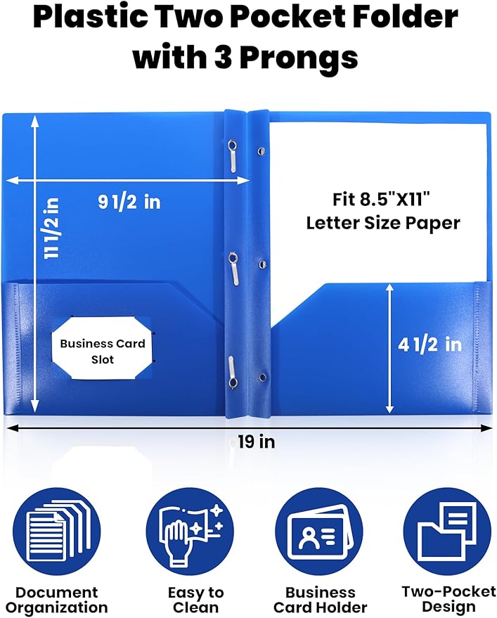 SUNEE 3 Pack Blue Plastic Folders with Pockets and Prongs, Letter Size, 9 x 11.5 in