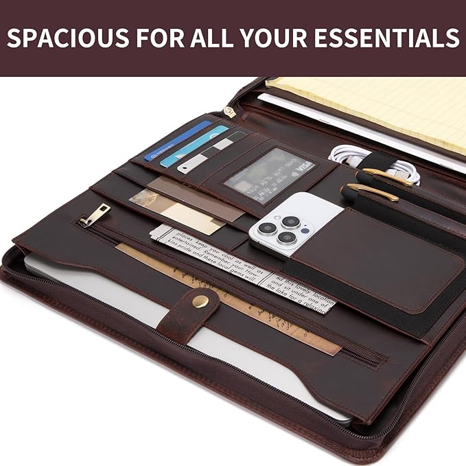 Personalized Genuine Leather Portfolio Binder, Zippered Padfolio for Men Women, Business Folio with 8.5” x 11” Notebook Holder and 13” Laptop Sleeve, Professional Folder, Dark Brown, Oil Tanned