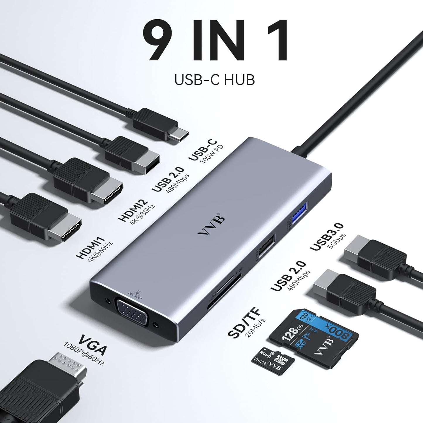 USB C Docking Station Dual Monitor HDMI Adapter for Dell HP Lenovo,Laptop Docking Station 3 Monitors USB C Hub Multiple Adapter Dongle with 2 HDMI 4K+VGA+100W PD Charger+3 USB Port+SD/TF Card Reader