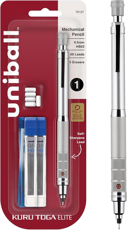 Uniball Kuru Toga Elite Mechanical Pencil Starter Kit with Silver Barrel and 0.5mm Tip; 60 Lead Refills; and 5 Pencil Eraser Refills; HB #2; Office Supplies; School Supplies; Drafting