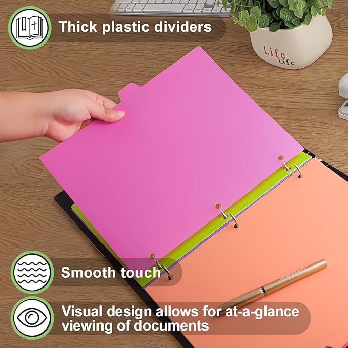 HABGP 24Pcs/3 Set Binder Dividers with Tabs, 8 Color Tab for 3 Ring Binder Dividers, Page Folder Dividers for 3 Ring Binder Sheet Paper Protectors, Plastic Tabbed File Dividers with Tabs