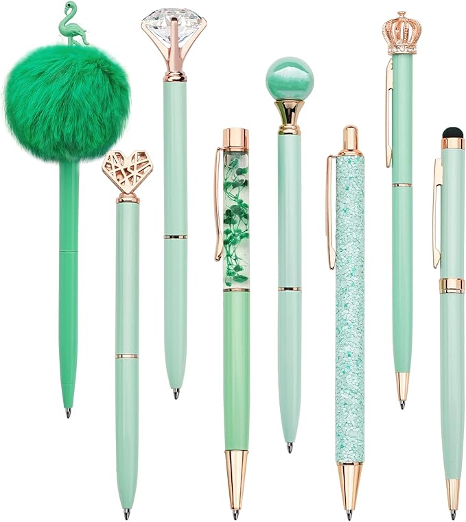 WEMATE 8Pcs Ballpoint Pens Set Metal Crystal Diamond Pen Glitter Pen for Journaling Green Pen Bling in Black & Blue Ink Pretty Cute Pens Fancy Pens Gifts for Women Wedding School Office Desk(Green)