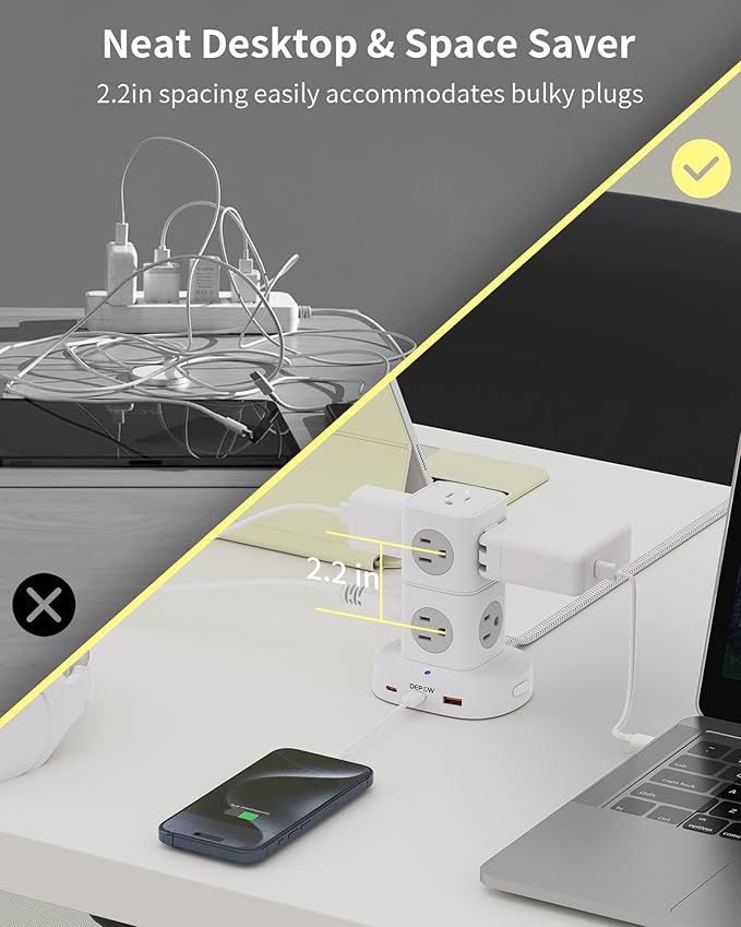 Power Strip Tower, 10 FT Extension Cord with 9 Outlets 3 USB (2 USB C), Surge Protector Tower, Multiple Outlets Power Strip Tower, Ideal for Dorms, Home Office, Travel, Hotels