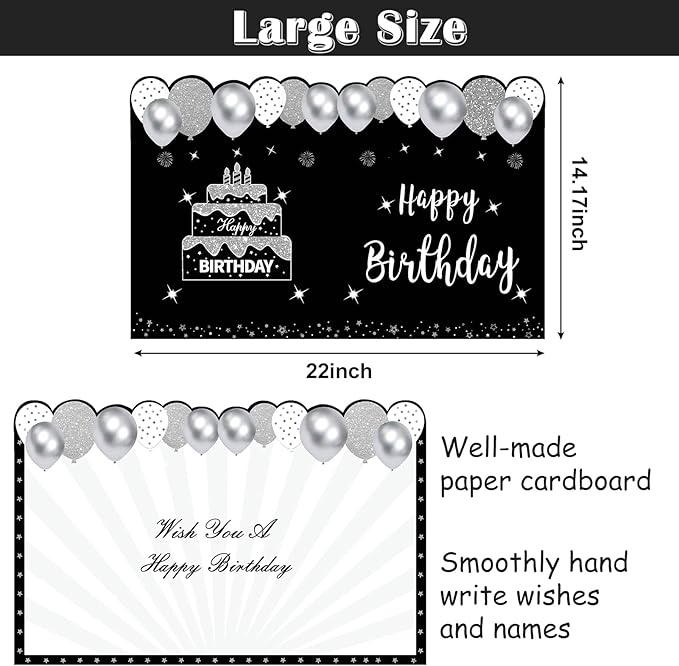 Jumbo Birthday Card with Envelope, Giant Guest Book Happy Birthday Greeting Cards, Large Birthday Card Gifts Party Supplies, Black White Silver Extra Big Birthday Card Decor