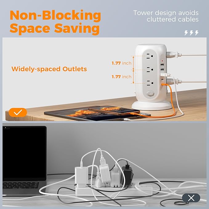 Tower Power Strip with Individual Switches, TESSAN Surge Protector with 12 Outlets, 5 USB Ports(2 USB C), Flat Extension Cord 10 Ft, Flat Plug, Charging Station for Multiple Devices, for Office, Dorm