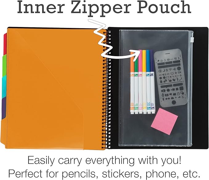 Samsill 10 Pocket Poly Project Organizer with 5 Dividers, File Folders Letter Size, Customizable Front Cover, Inner Zipper Pouch, Erasable Write-On Tabs in Fashion Colors, Plastic Folders with Pockets