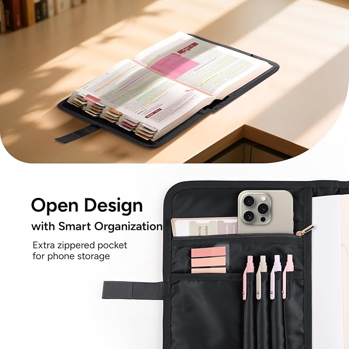 Adjustable Bible Cover with 75 Bible Tabs - Bible Cover Case for Women，Waterproof, Washable Quilted Bible Case，Reusable Christian Gifts for Women (Black, L)