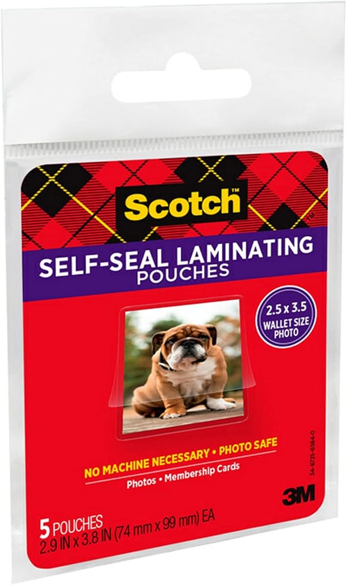 Scotch Self-Sealing Laminating Pouches, Wallet Photo Size, Glossy Finish, 2 1/2 in. x 3 1/2 in., 5 Pouches