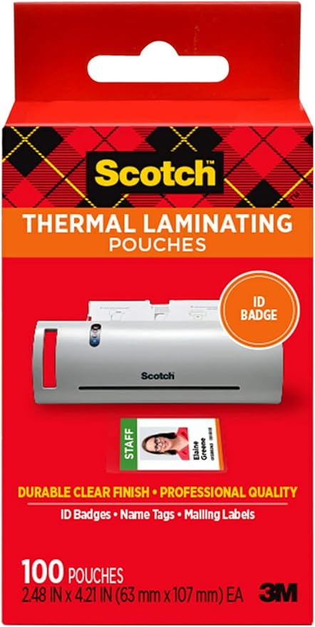 Scotch Thermal Laminating Pouches, 100 Count, Clear, 5 mil., Laminate Homemade Ornaments, Christmas Banners and Gift Tags, Ideal Holiday Supplies, Fits ID Card Sized (2.4 in. × 4.2in.) Paper