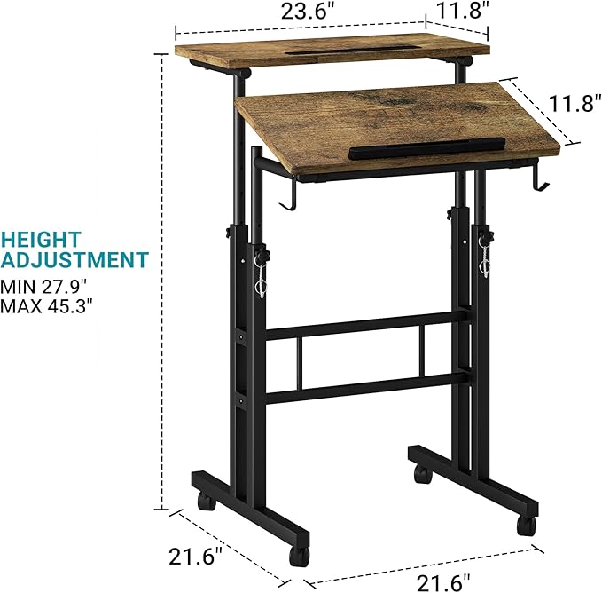 Klvied Rolling Mobile Desk with Cup Holder, Portable, Adjustable Height Small Stand up Desk on Wheels for Home Office Laptop Cart, Computer, Standing or Sitting,Oak
