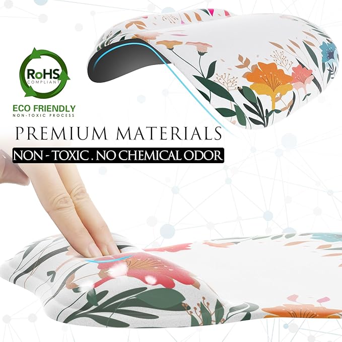 MROCO Ergonomic Mouse Pad with Gel Wrist Rest, Comfortable Mousepad with Smooth Wrist Support Surface and Non-Slip PU Base for Pain Relief, Computer, Laptop, Office & Home, 9.4 x 8.1 in, White Flower