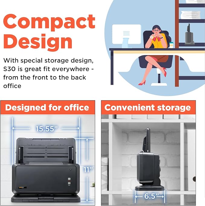 Plustek Wide-Format Color Duplex Document Scanner S30, for Large-Format Document Scan, Scans Wide Up to 12" and Long Up to 200", 100-Sheet Duplex Auto Document Feeder