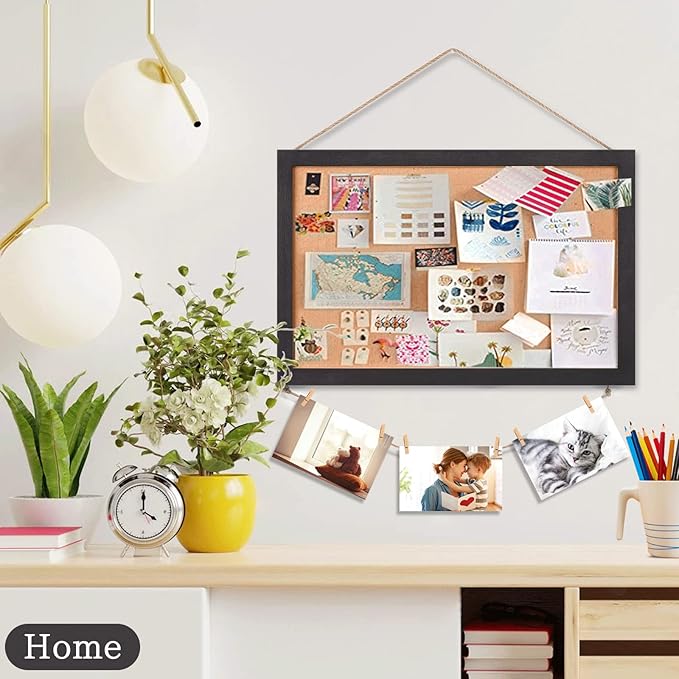 Miratino Cork Board Bulletin Board, 16 x 11 Inches Wooden Frame Pin Board, Cute Cork Boards for Walls Hanging for Office, Home Decor, School (Pins, Clips, Strings) Black