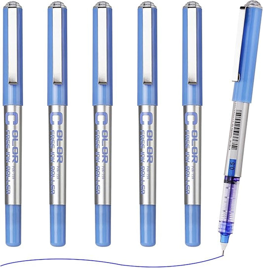 EYEYE Blue Rollerball Pens 0.5mm, 6 Pack Extra Fine Point Liquid Ink Roller Ball Needle Pen Quick Dry, Pen Fine Point Smooth Writing Pens for Journaling, Note Taking, Office, School Supplies
