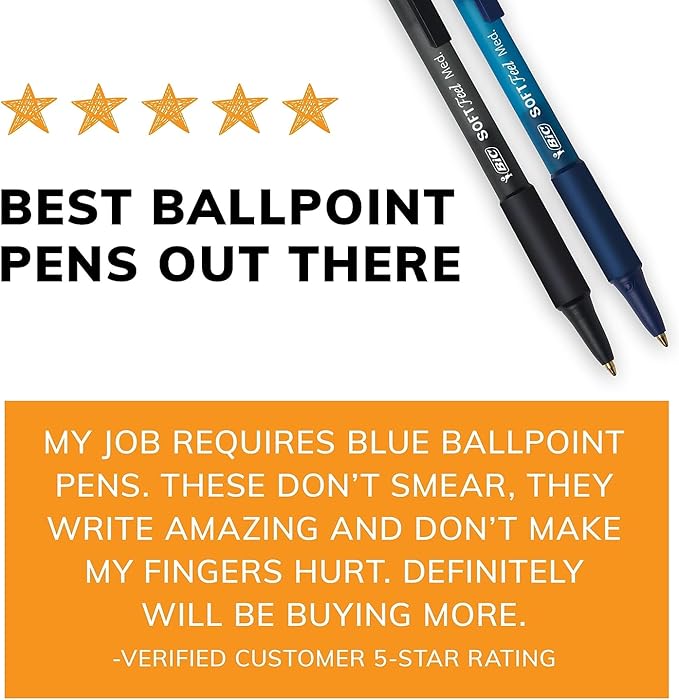 BIC Soft Feel Stick Pens With Special No-Slip Comfortable Grip, Medium Point (1.0 mm), Blue, 36-Count