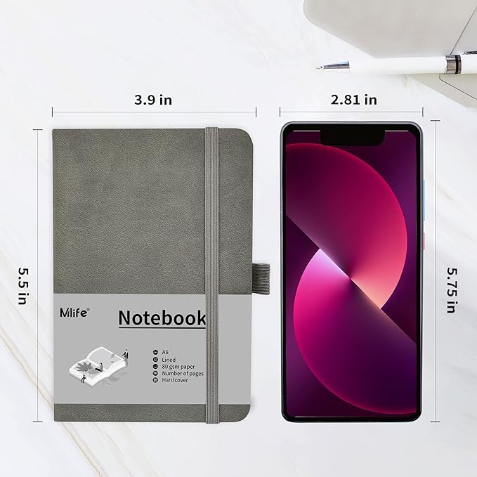 A6 Small Journal Notebook, Lined Pocket Notebook with Pen Holder, Mini Notebook Hardcover, 192 Pages, 3.9 inches * 5.5 inches Jurnal for Women and Man (Grey)