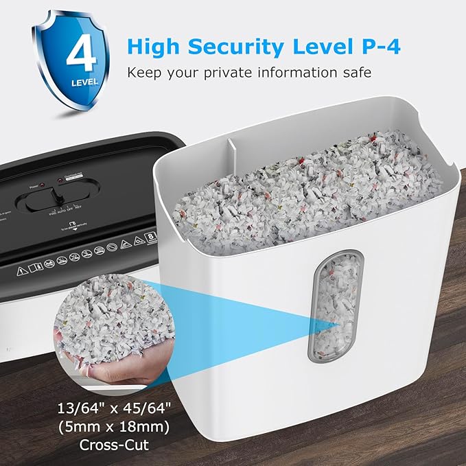 BONSEN White Paper Shredder for Home Office, 8-Sheet Cross-Cut Paper and Credit Card Small Office Shredders, High Security Level P-4 Ultra Quiet Shredder with 4 Gallons Wastebasket (S3101-W)