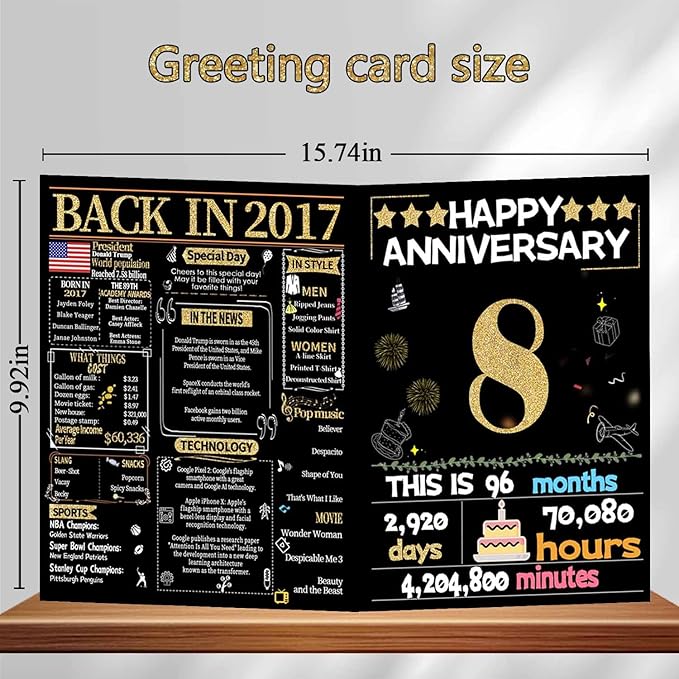 Joycard 8th Anniversary Card for Women Men, Gold Wedding Card for Wife Husband, Sweet Marriage Decorations Gifts for Couple, Perfect for Her Him on Anniversary Day, Back in 2017