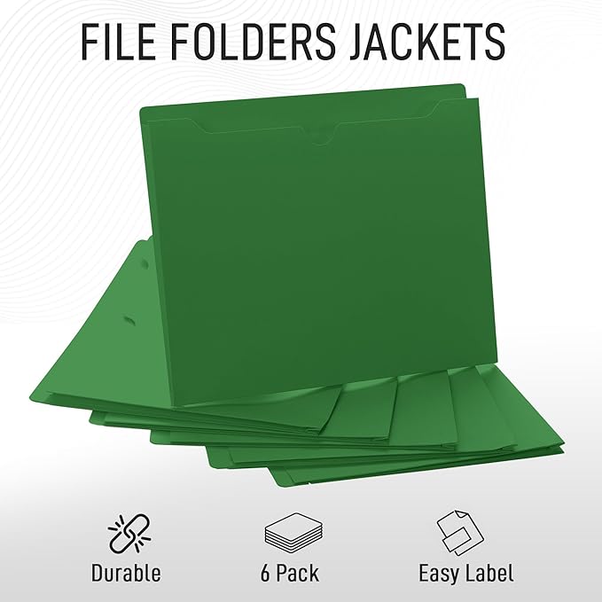 Green File Jackets, 1 Inch Expansion, Letter Size, Reinforced Straight-Cut Tab, 6 Pack