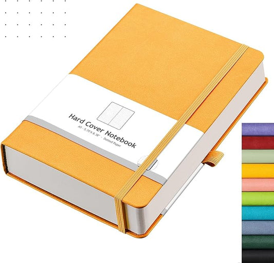 AHGXG Bullet Dotted Journal - 320 Numbered Pages Dot Grid Notebook A5 Thick Journal, 100gsm Thick Dotted Paper, Leather Hardcover,Inner Pocket, 5.75'' × 8.38'' - Yellow