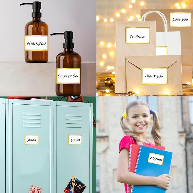 2" x 3" 200 PCS Name Labels, Waterproof Blank Name Tag Stickers with Permanent Adhesive Writable Stickers with Metallic Gold Border for School Office Home