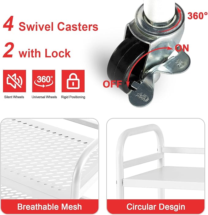 3-Tier Mesh Metal Rolling Cart, Multipurpose Heavy Duty Cart, Multipurpose Storage Rack,Utility Cart, High Capacity Cart with Locking Wheels(White)