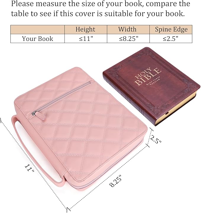 Polare Full Grain Napa Cowhide Leather Bible Cover Church Bag Bible Protective Book Holder Carrying Case Folder Organizer Portfolio for Women (Pink)