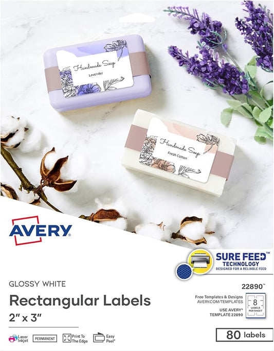 Avery Glossy White Labels with Sure Feed Technology, 2" x 3" Rectangle Labels, Print to The Edge, Laser/Inkjet, 80 Labels (22890)