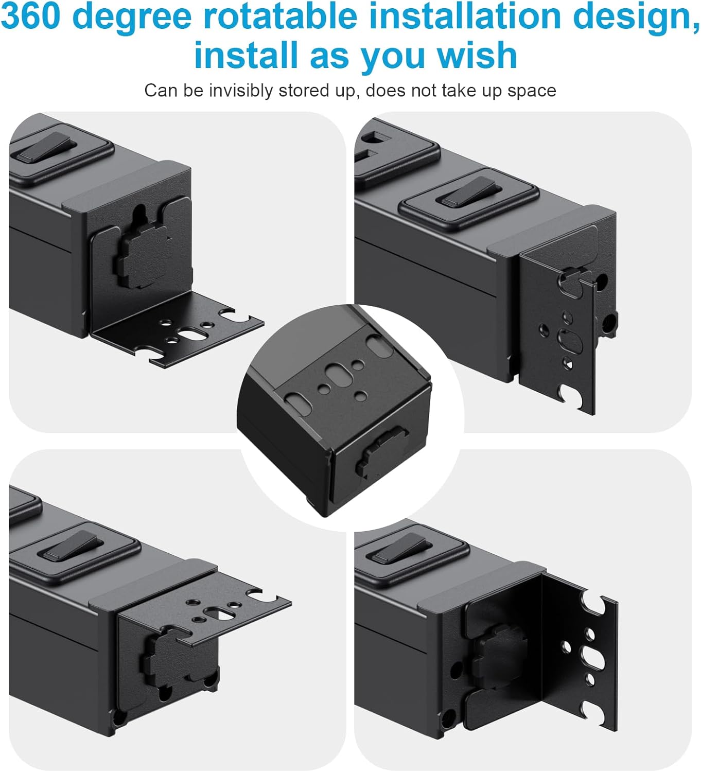 HHSOET 360° Rotating 12 Outlet Mountable Power Strip, Metal Gaming Table Mounted Outlet Strip, Heavy Duty Wall Mount Surge Protector with Switch, Works Great and Very Versatile, 6ft Power Cord.Black