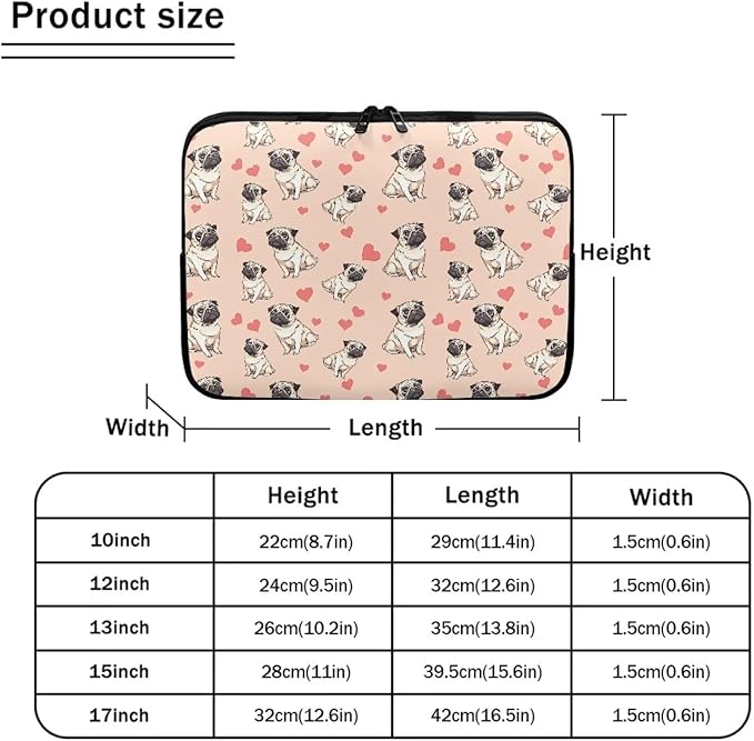 Pug Dog Printed Computer Bags for Laptops for Women, Heart Pattern Computer Carrying Cover Laptop Briefcase, 17 Inch Water Resistant Laptop Case Portable Computer Case Bag