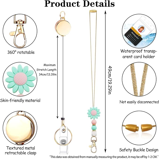 Colorful ID Badge Holder with Silicone Beads Lanyard Set,Cute Teacher Breakaway Lanyard for Keys & Keychain with Cute Retractable Badge Reel Holder,Gift for Women,Nurse, Teacher. (Daisy 1)