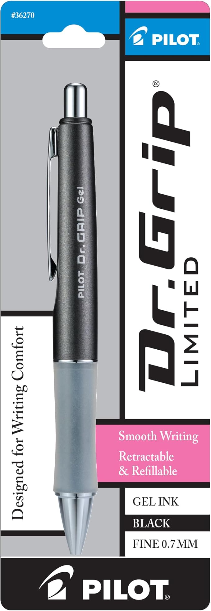 PILOT Dr. Grip Limited Refillable & Retractable Gel Ink Rolling Ball Pen, Fine Point, Metallic Charcoal Gray Barrel, Black Ink, Single Pen (36270)