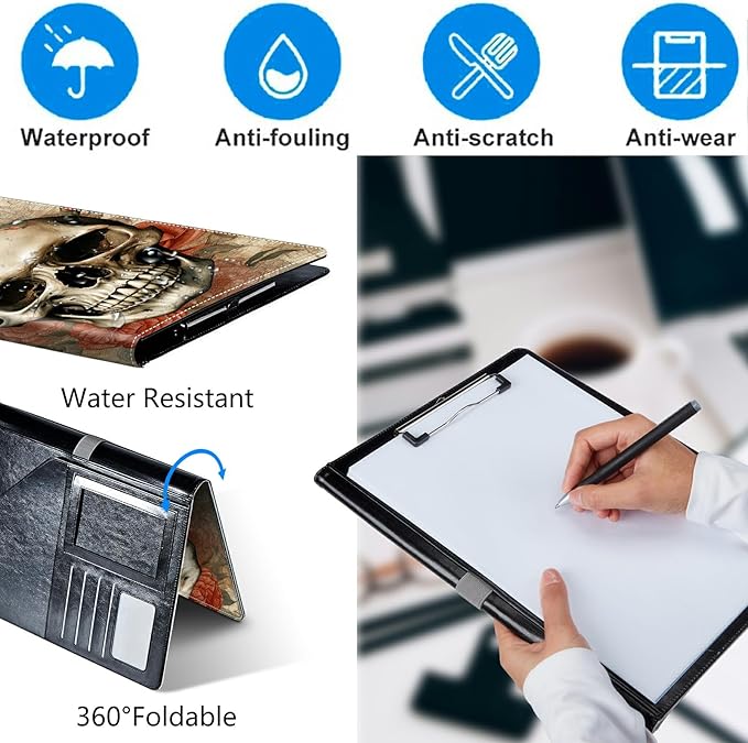 Skull Roses Padfolio Folder with Clipboard,Portfolios Organizer Clipboards with Storage Clipboard Writing Pad PU Leather Conference Document Organizer with Business Card Holder