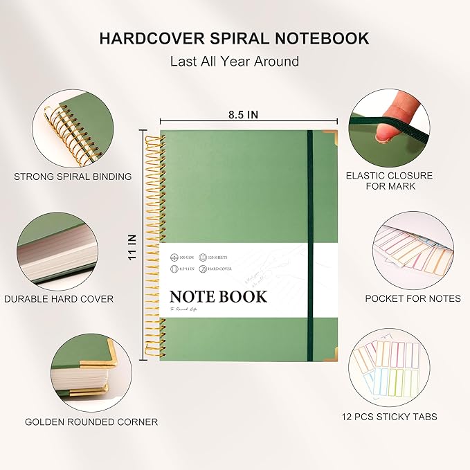 FLYING EAGLE Large Spiral Notebooks for Work School College Ruled Notebook 8.5 x 11 with Tab Stickers A4 Hardcover Journal Note Book for Women Men Writing Note Taking Supplies, 220 Pages, Green