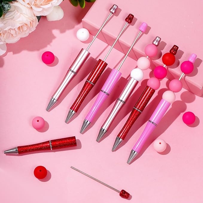 jiebor 30Pcs Valentines Beadable Pens Plastic Bead Pen Black Ink Ballpoint Pens Diy Pens Cute Cool Pens for Teacher Gift Office Supplies