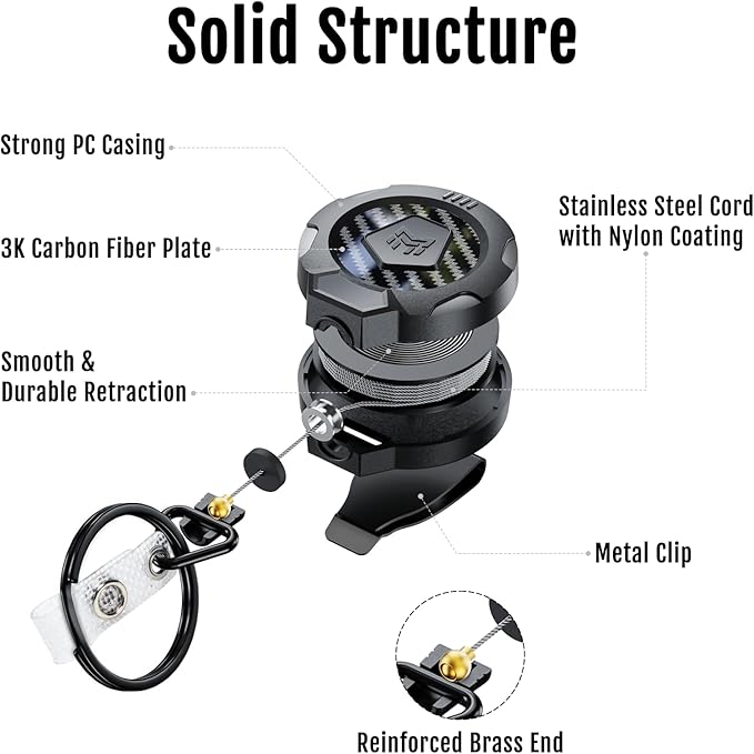 MNGARISTA Upgraded Heavy Duty Retractable Keychain with Belt Clip, 10 OZ Retraction, 31.5" Stainless Steel Cord, 3K Carbon Fiber ID Badge Reel with Badge Strap and Key Ring