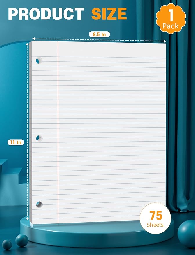 Loose Leaf Paper, 75 Sheets, Filler Paper 8.5 x 11, 3 Hole Pouched, Standard, Wide Ruled Loose Leaf Notebook Paper 8.5 x 11 Inch for Binder, A4 Loose Leaf Filler Paper for Work School Student, White