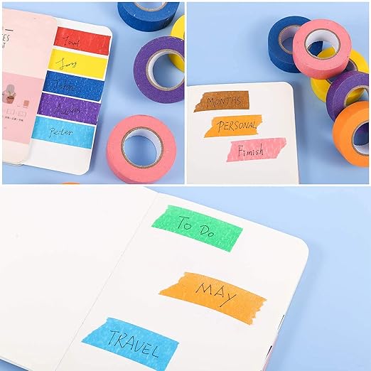 Feeke Colorful Masking Tape,Decorative Colored DIY Tape for Arts & Crafts, Labeling or Coding - Art Supplies for Kids - 12 Different Color Rolls, 1 Inch x 16 Yards, Small