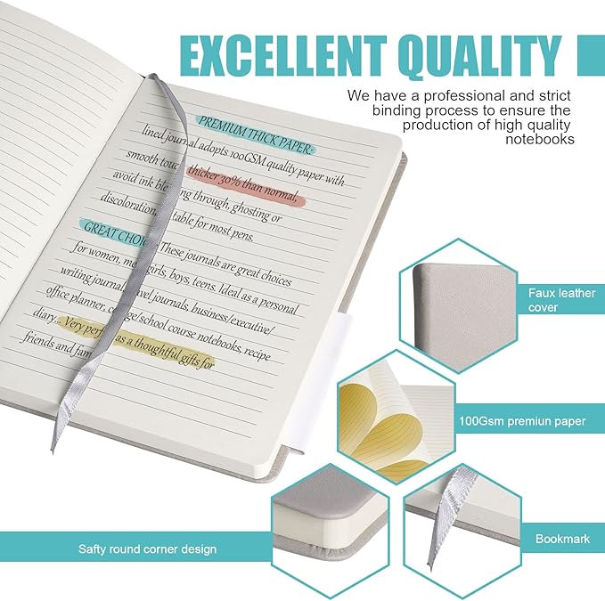 Lined Journal Notebook, 3Pack(Grey), 160 Pages, Medium 5.7 inches x 8 inches - 100 gsm Thick Paper, Hardcover