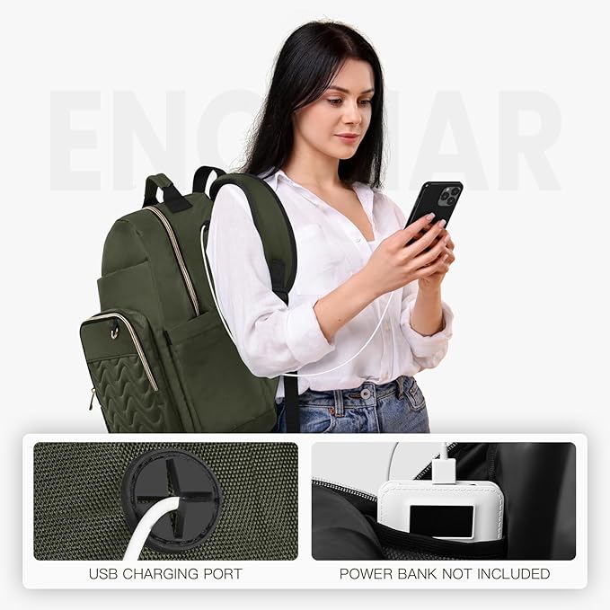 Travel Laptop Backpack for women, Work Backpack Woman with USB Charging Port, Water Resistant College Backpack, Stylish Quilted Girls Backpack Casual Daypack for 15.6 Inch Laptop, Green