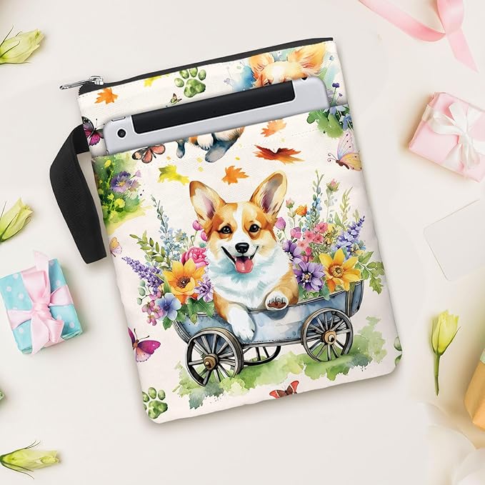84hoods Book Cover Bag with Zipper and Front Pocket. Corgi and Book Lovers Gift. Washable Fabric 11 X 8.5 Inch Padded Protector Pouch for Paperbacks. Flower Garden