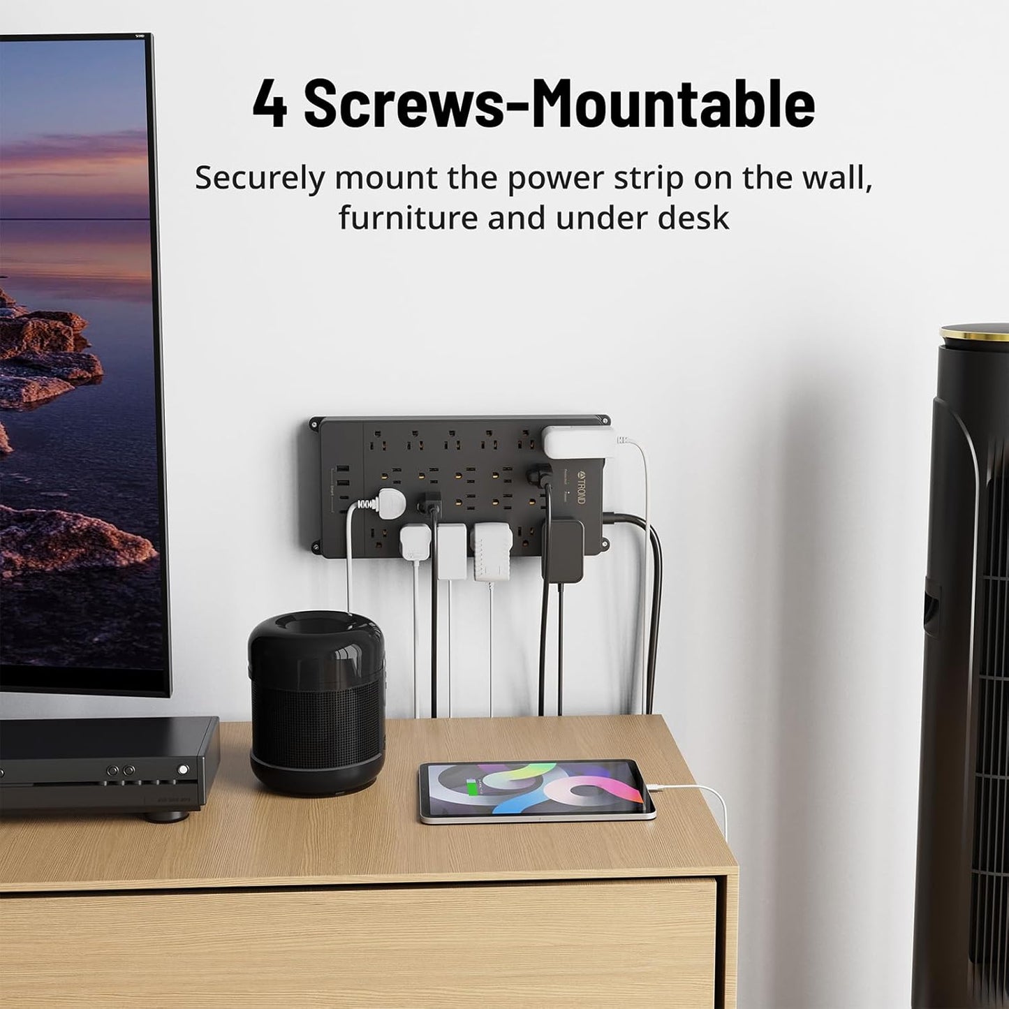 TROND Surge Protector Power Strip, 22 Widely Spaced Outlets with USB Ports, Wall Mount, 4000 Joules, ETL Listed, 10 ft Flat Plug Heavy Duty Extension Cord for Home, Office, Dorm Essential, Black