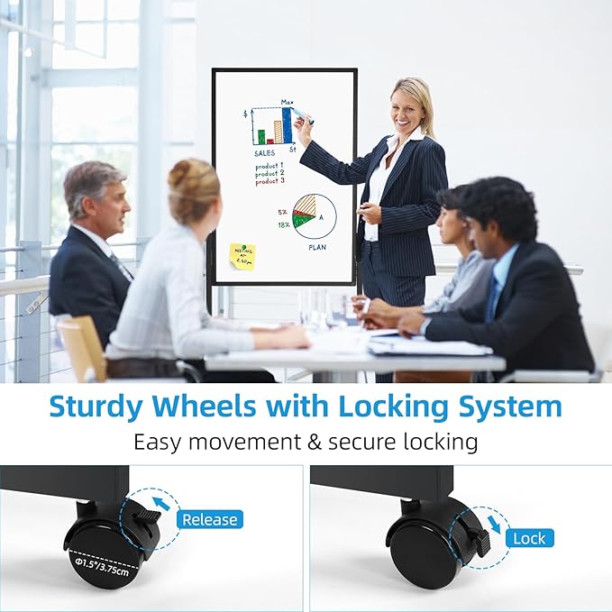 Rolling Mobile Whiteboard, 40 x 28 inches Double Sided Height Adjust Whiteboard Easel on Wheels, Reversible Magnetic Dry Erase Board with Stand for Office, Home, Classroom, Black